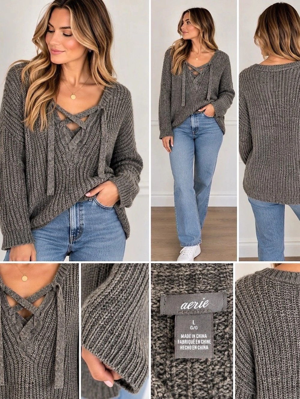 Aerie Lace Up Oversized Crew Sweatshirt V-Neck Gray Large